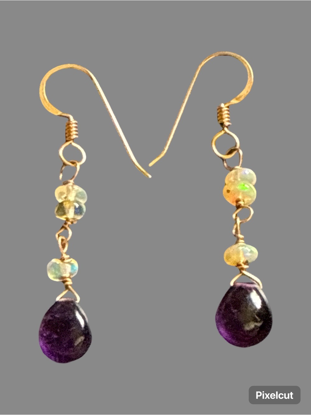 Gold-Tone Drop Earrings with Purple Amethyst Teardrops and Opal Beads